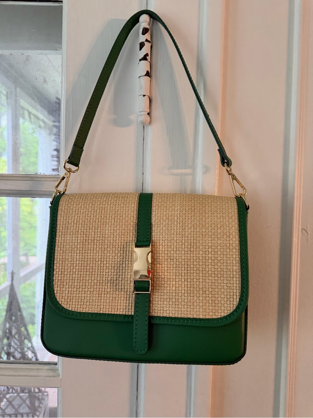 Valentina Fiore Green Bag with Cream Woven Front and Gold Accent